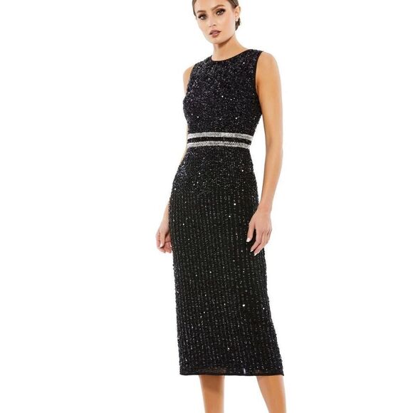 Mac Duggal Sleeveless high neck beaded fitted midi dress.
